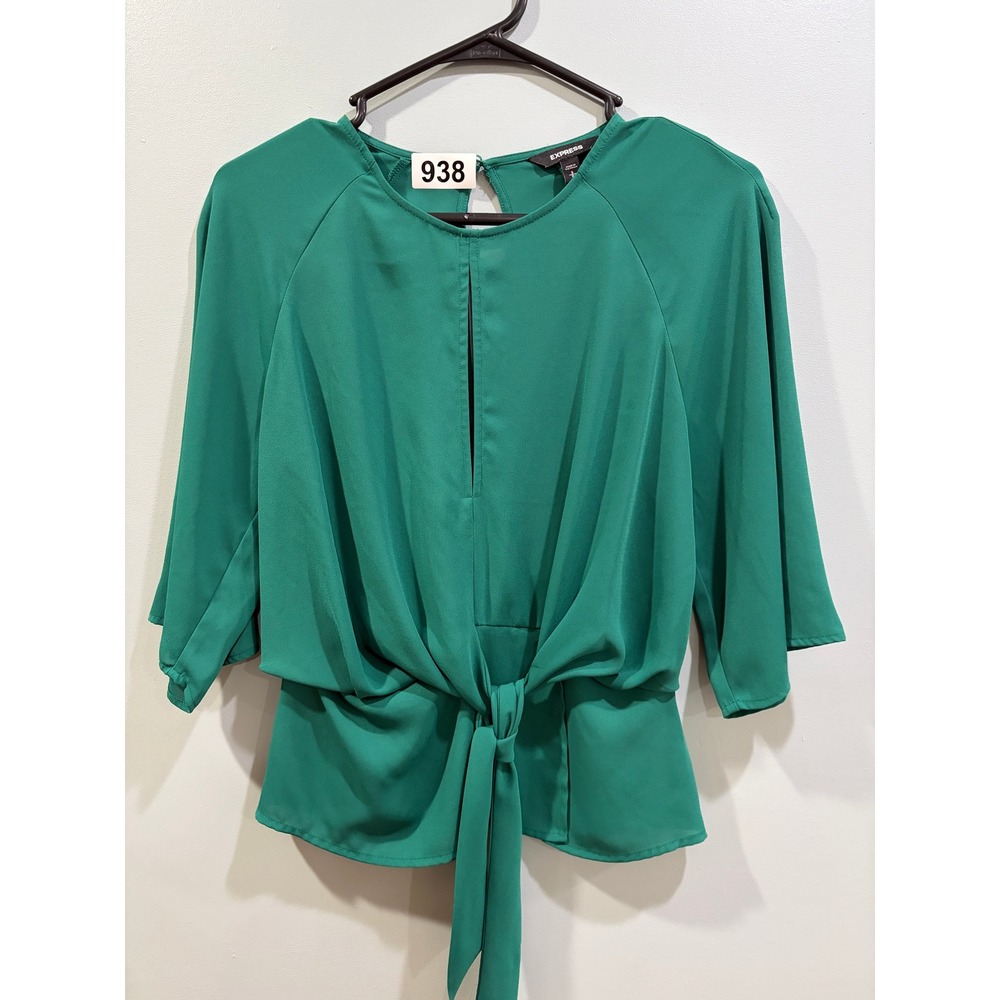 Express Green Tie‎ Front Keyhole Blouse 3/4 Raglan Sleeve Peplum Top Small